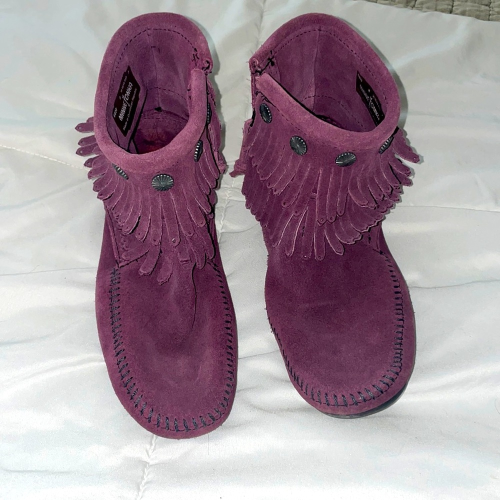 Purple fringe suede booties